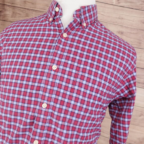 ROUNDTREE & YORKE LONG SLEEVE RED BLUE PLAID BUTTON DOWN SHIRT MENS SIZE L - Picture 2 of 7
